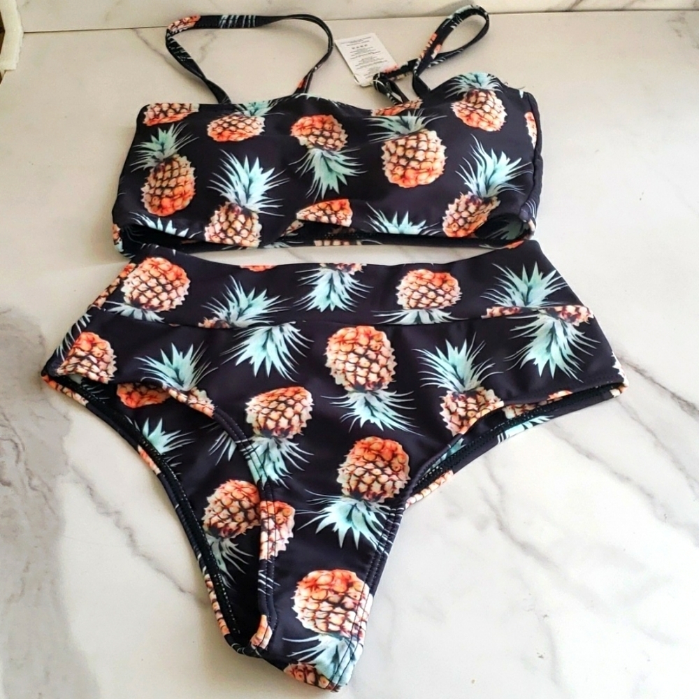 Summer Mae Convertible Top High Waist Bikini Black with a Pineapple Print Size S